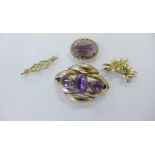 9ct gold gem set leaf spray brooch together with two yellow metal brooches and a costume brooch (4)