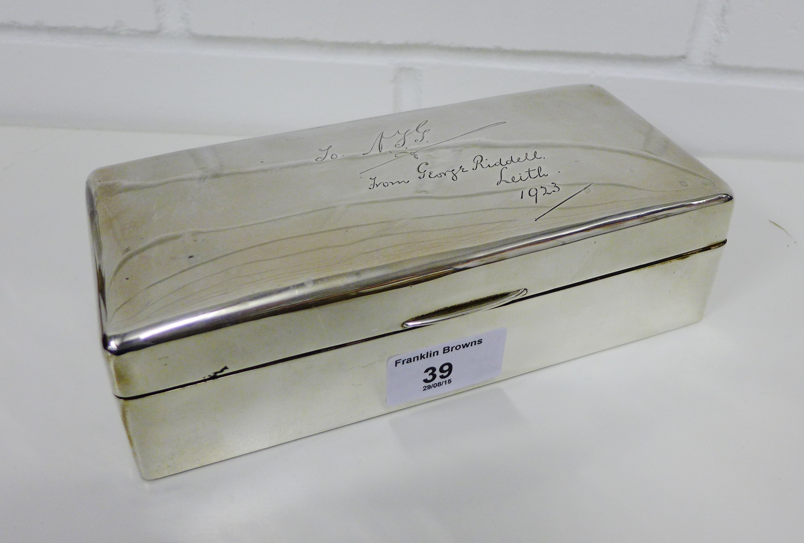 George V silver cigarette box, the hinged lid with personal inscription, maker's mark for