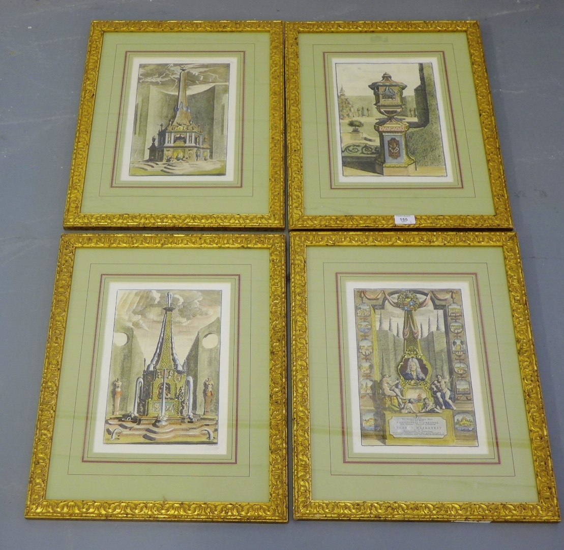 After Schynvoet, a group of four framed coloured prints depicting garden obelisks and other