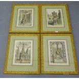 After Schynvoet, a group of four framed coloured prints depicting garden obelisks and other