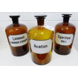 A set of three amber glass chemist bottles, labelled for Liniment ammon camph,  Aceton and