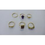 A 9ct gold signet ring together with a 9ct gold dress ring and three other dress rings and an 18c