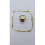 9ct gold hardstone set pinkie ring together with a 9ct gold fancy link bracelet (2)