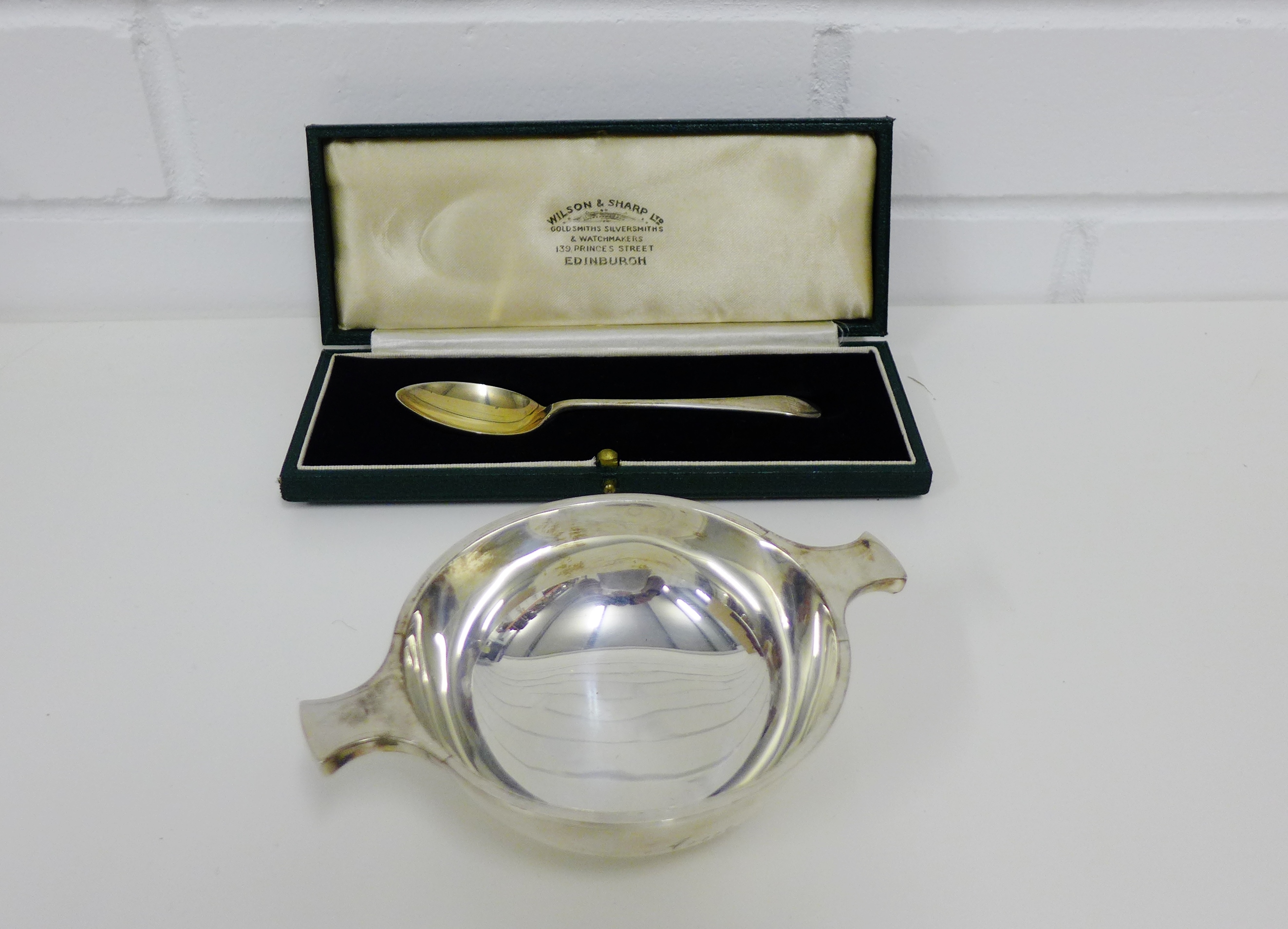 George VI silver quaich and spoon, maker's mark for Wilson & Sharp, Birmingham, 1937/8 (2)
