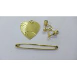 14k gold heart shaped pendant, 9ct gold bar brooch and a pair of yellow metal gem set earrings (3)