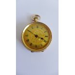 Lady's yellow fob watch, the dial with Roman numerals and flowers to the centre, the outer case