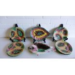 19th century Scottish majolica to include a set of seven leaf moulded plates and a leaf shaped