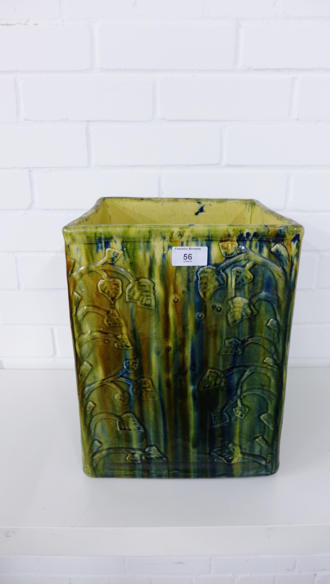 19th century majolica leaf embossed twin handled planter of rectangular form, likely Scottish (
