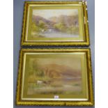 J. Scott A companion pair of highland loch and castle scenes,  Watercolours, signed in gilt glazed