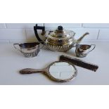 Silver three piece half lobed teaset, with mixed hallmarks together with a silver backed dressing