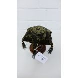 A Victorian pin cushion with floral patterned satin star shaped top, each point suspended with a