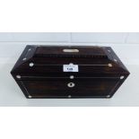 Rosewood and mother of pearl inlaid box of sarcophagus form