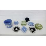 A mixed lot of 20th century Wedgwood Jasper Wares to include pin dishes and trinket  boxes and a