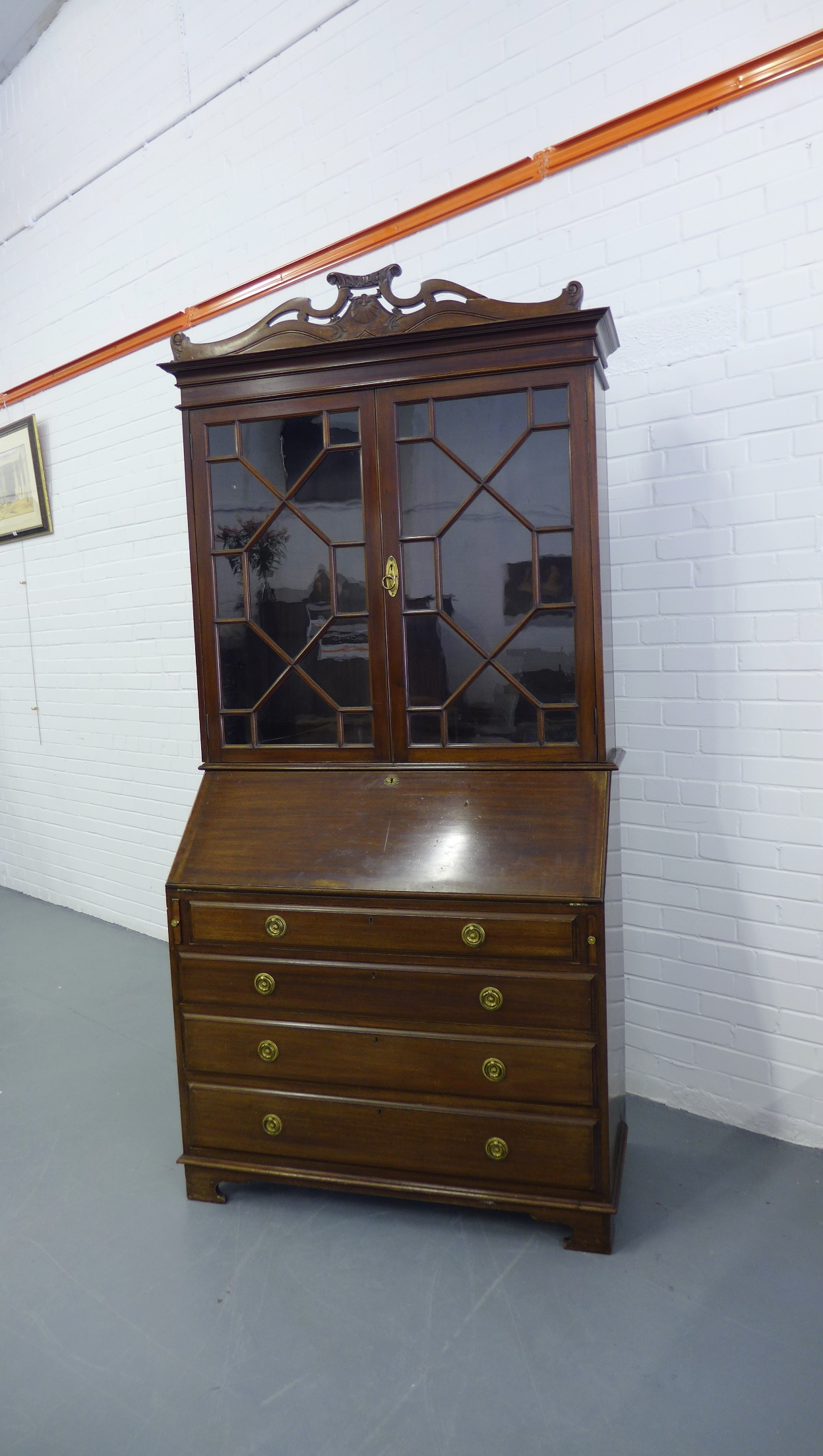 Georgian style mahogany bureau bookcase, the moulded cornice above a pair of astragal glazed - Image 3 of 3