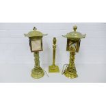 A pair of contemporary brass lantern style table lamps each with dragon and pearl of wisdom