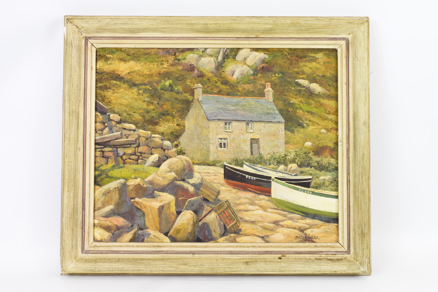 Denys Law (1907-1981) - fishing cottage with boats, Penzance, Cornwall, oil on board, signed lower
