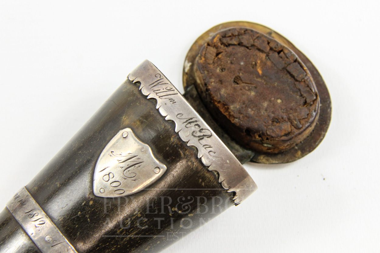 A Scottish Georgian horn and white metal snuff mull, passed through the Mcrae family, dated 1773 - Image 3 of 4