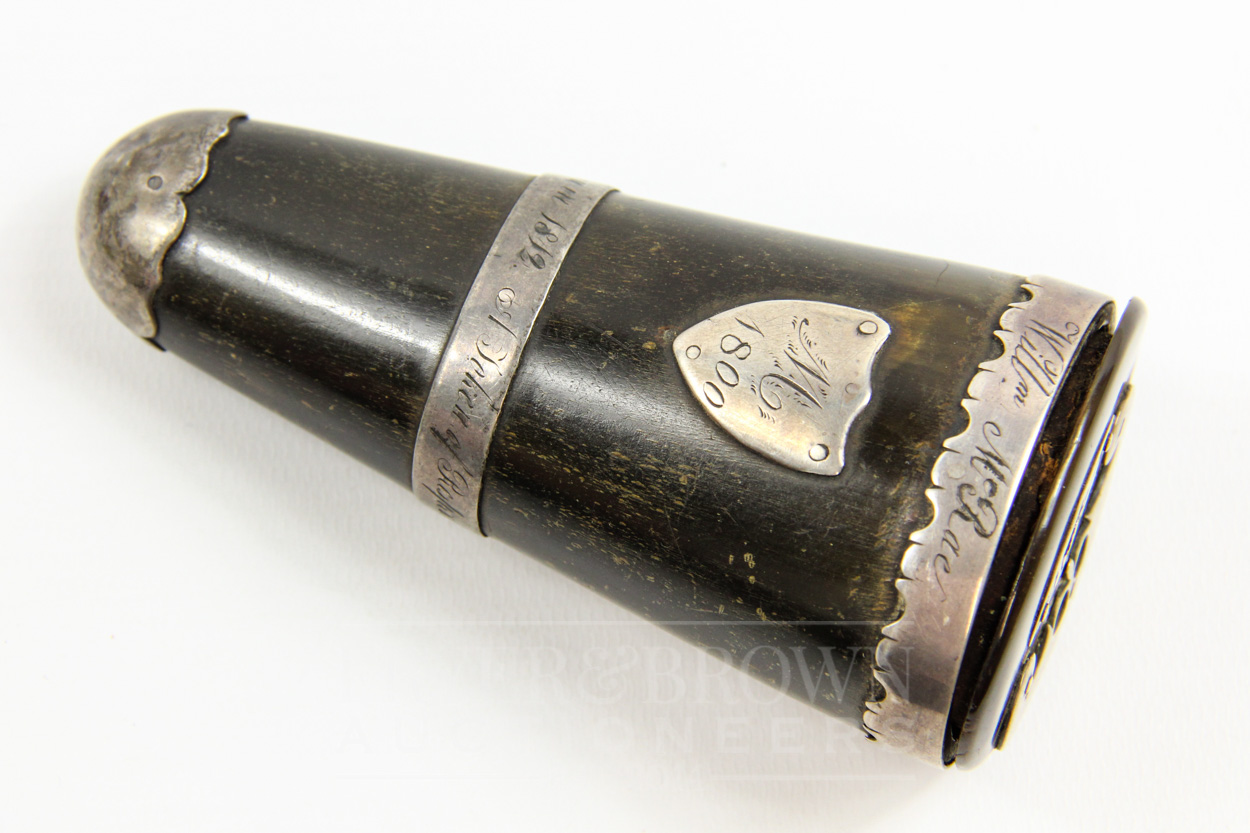 A Scottish Georgian horn and white metal snuff mull, passed through the Mcrae family, dated 1773