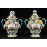 A pair of Minton two-handled pot-pourri vases & covers, of bellied ovoid form painted, painted and