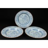 Three English Delftware soup plates, probably Liverpool the shallow bowl with everted rim