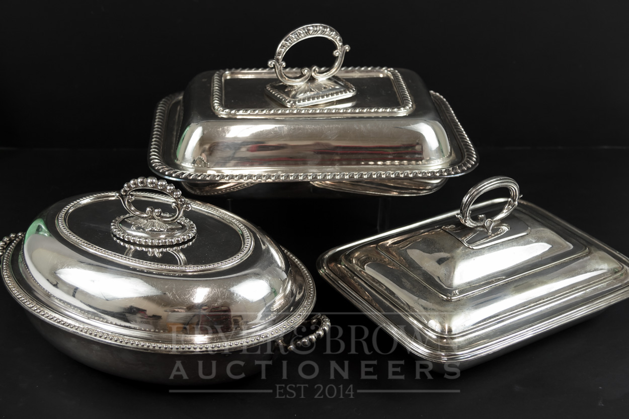 Three silver plated tureens with covers, various dates and makers including Mappin & Webb (3)