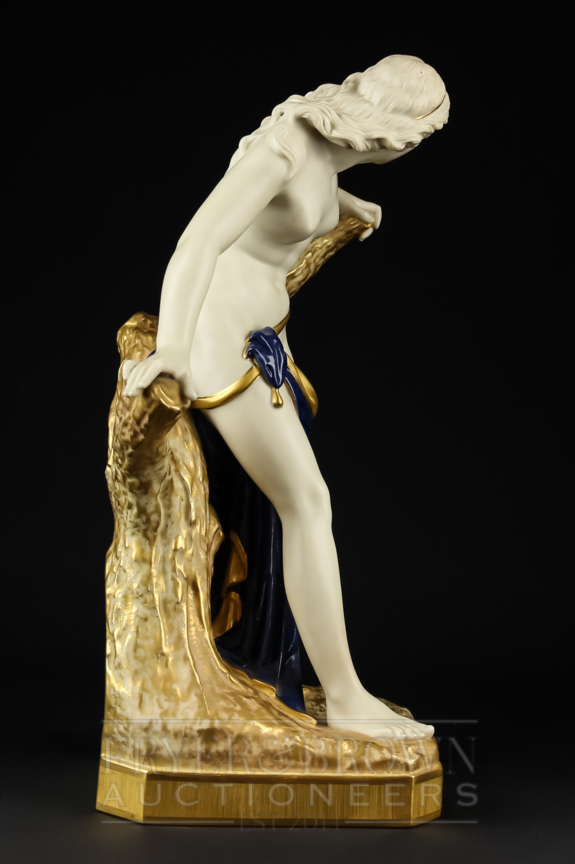 A large Royal Worcester figure, of the bather surprised, gilded and with deep blue drapery, shape - Image 3 of 5