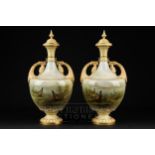 A pair of James Stinton Royal Worcester two-handled vases & covers, signed Jas Stinton, painted with