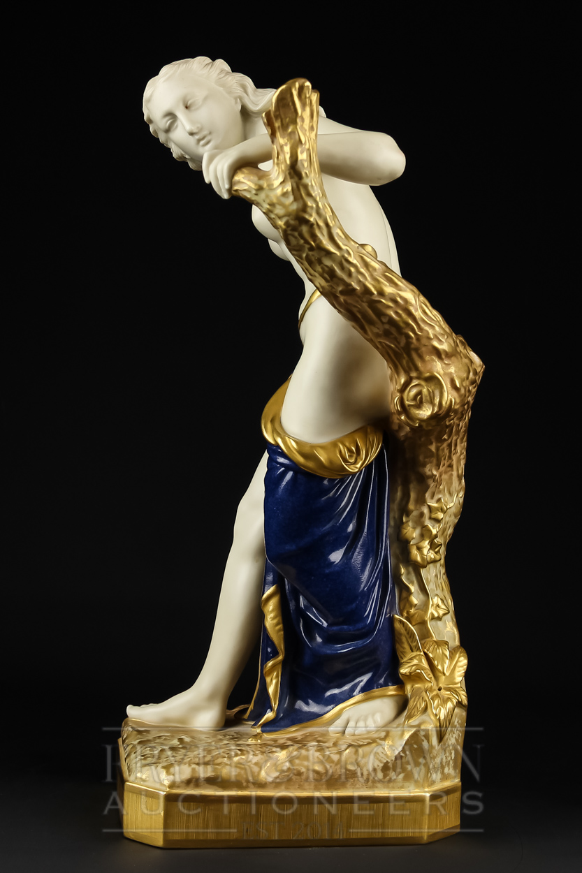 A large Royal Worcester figure, of the bather surprised, gilded and with deep blue drapery, shape - Image 2 of 5