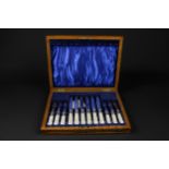 A cased set of Allen & Darwin silver plated fruit knives and forks with mother of pearl handles,