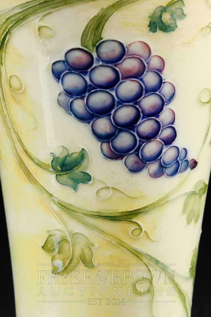 A rare Moorcroft lustre vase of trumpet form, the pale yellow lustre ground decorated with grapes - Image 6 of 6