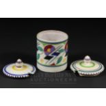 A small Poole Pottery cylindrical pot, shape 286, abstract JV pattern, decorated by Myrtle Bond,