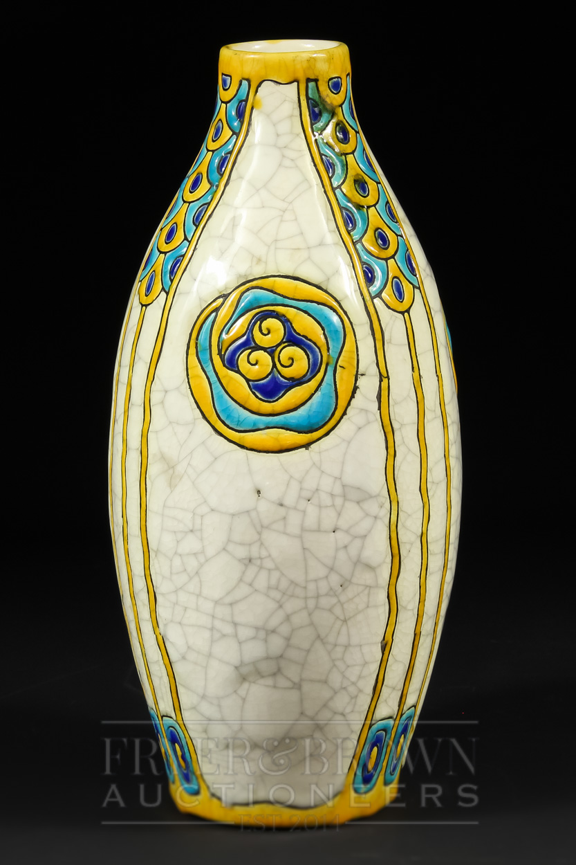 A Boch Freres, Belgium, vase of elongated ovoid from, the cream crackle glaze ground decorated in - Image 3 of 6