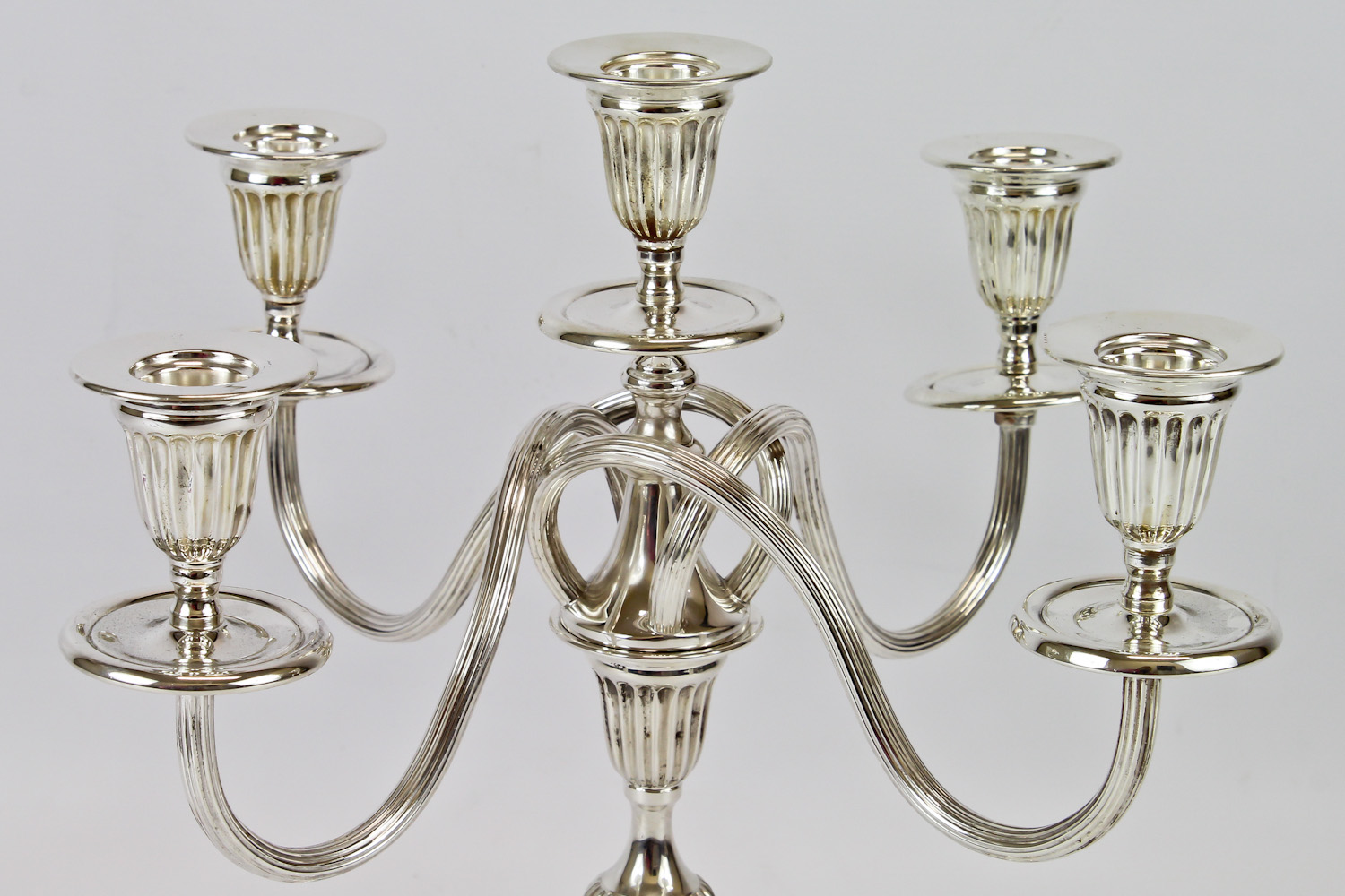 A silver plated five-light scroll arm candelabra, 34.5cm high - Image 2 of 2