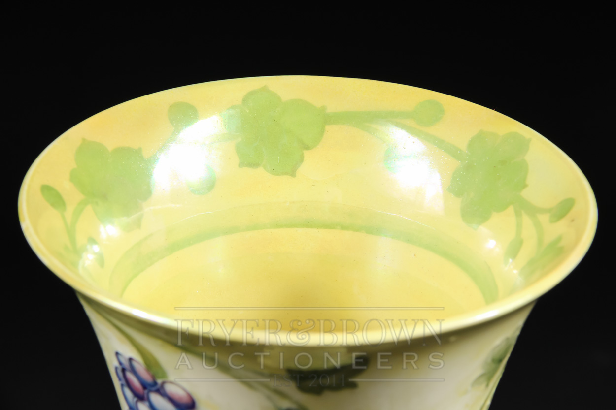 A rare Moorcroft lustre vase of trumpet form, the pale yellow lustre ground decorated with grapes - Image 4 of 6