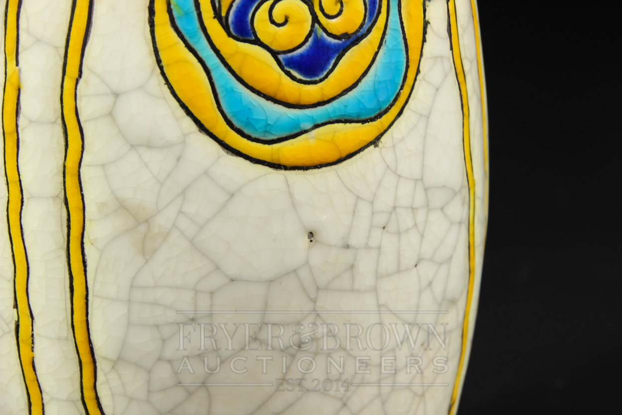 A Boch Freres, Belgium, vase of elongated ovoid from, the cream crackle glaze ground decorated in - Image 6 of 6
