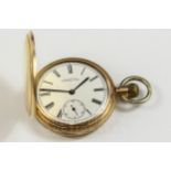 A Waltham Mass (A.W.W. & Co.) gold plated hunter watch with enamel dial