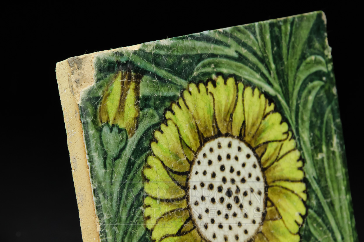 Two William de Morgan earthenware tiles, Marlborough, yellow sunflowers on a leafy green ground, - Image 6 of 6