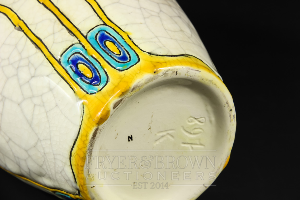 A Boch Freres, Belgium, vase of elongated ovoid from, the cream crackle glaze ground decorated in - Image 5 of 6