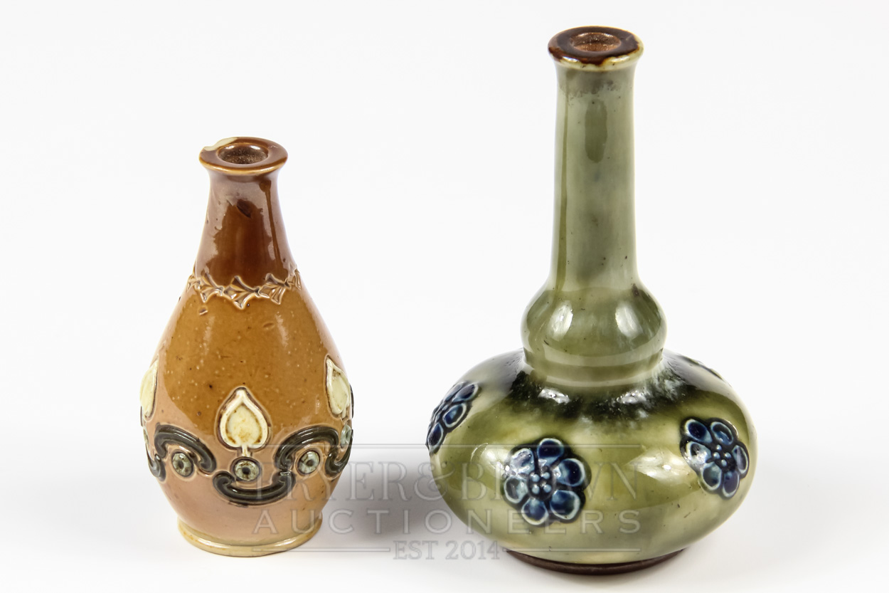 Two Royal Doulton miniature vases, of bottle and tapered ovoid form, 9.5cm high max.