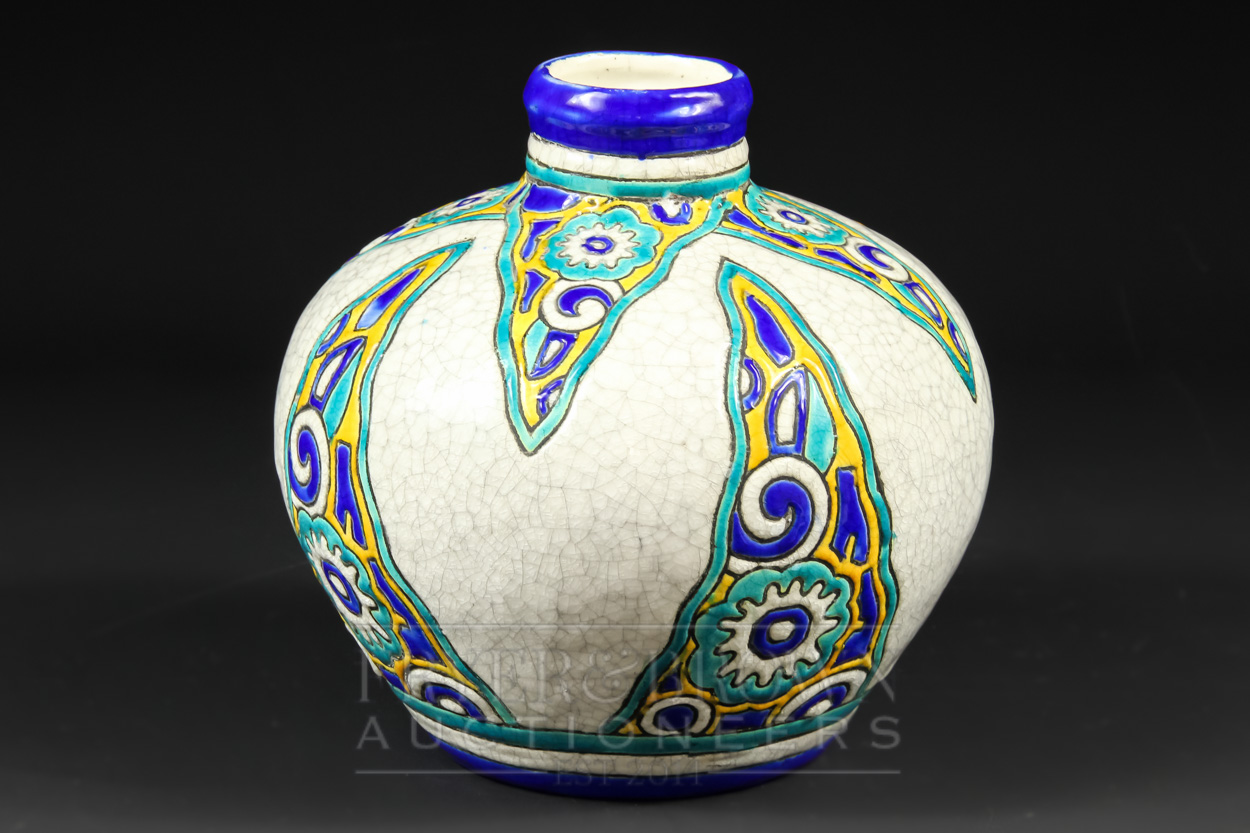 A Boch Freres, Belgium, squat ovoid vase, the pale grey crackle glaze ground decorated with - Image 3 of 6