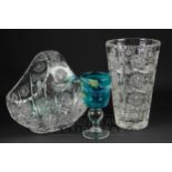 A cut glass vase; a cut glass fruit basket; and a Mdina blue glass goblet, signed and dated 1976 (