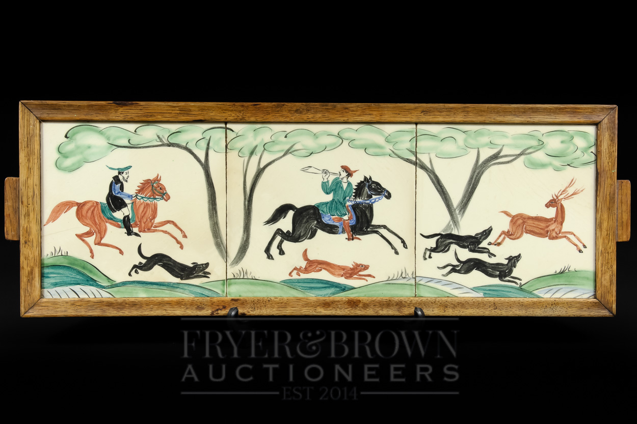 Three Thynne tiles, probably decorated by Packard & Ord with a historical hunting scene, inset