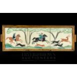 Three Thynne tiles, probably decorated by Packard & Ord with a historical hunting scene, inset