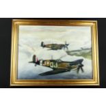 David Waller - Spitfires over Lincolnshire, oil on canvas, signed and dated 1.1.79, 56 x 40cm