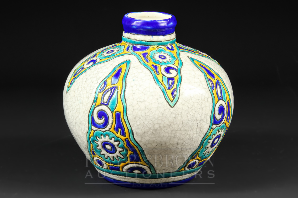 A Boch Freres, Belgium, squat ovoid vase, the pale grey crackle glaze ground decorated with