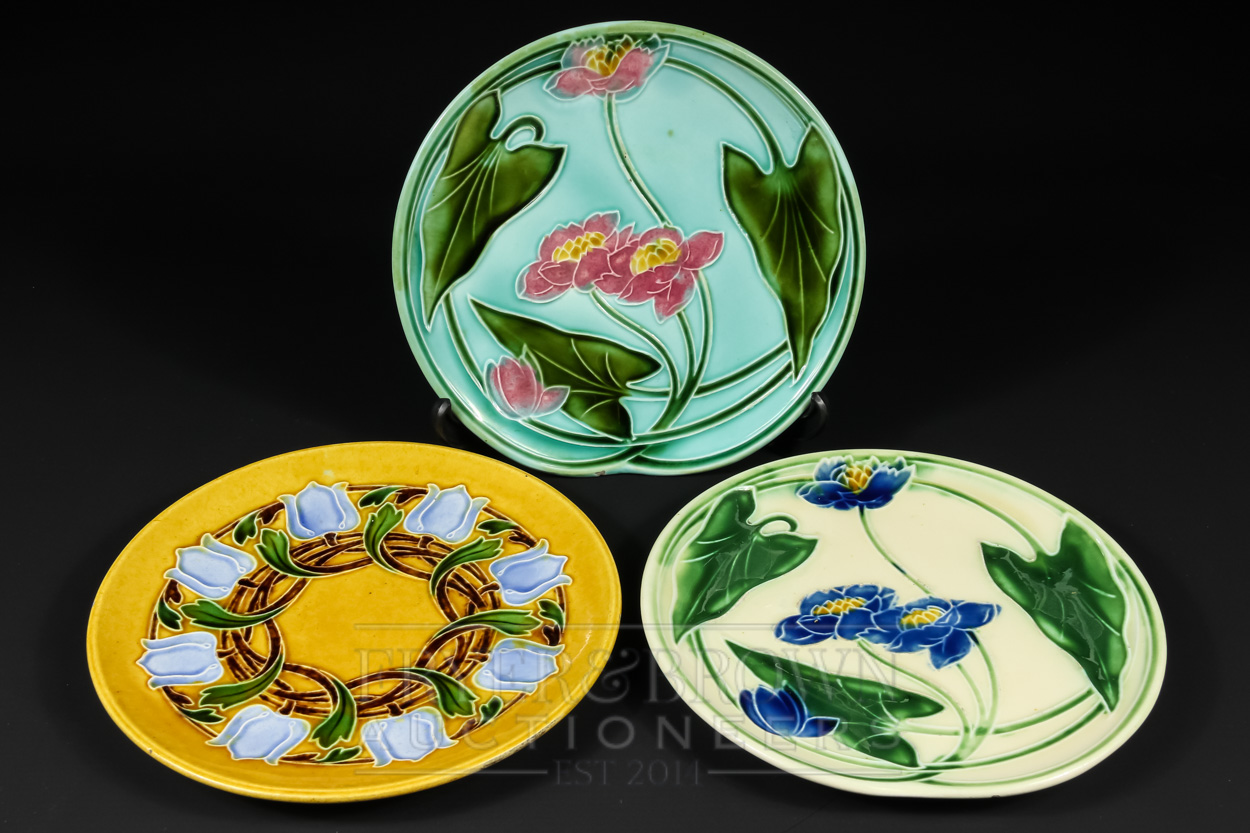Three Villeroy & Boch, Schramberg, Secessionist style plates, pattern 1789 in blue, green & pink