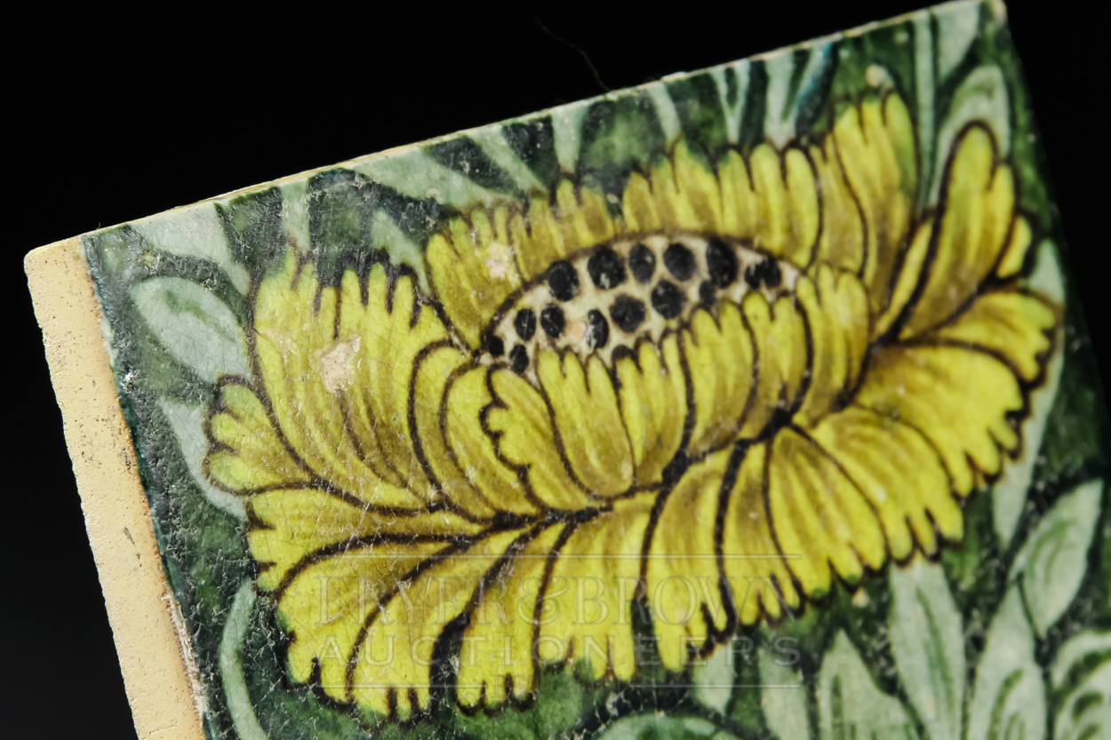 Two William de Morgan earthenware tiles, Marlborough, yellow sunflowers on a leafy green ground, - Image 3 of 6