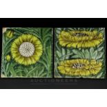 Two William de Morgan earthenware tiles, Marlborough, yellow sunflowers on a leafy green ground,