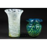 A Mdina glass vase, blue & yellow swirls on a clear glass foot; and a Mdina mottled white