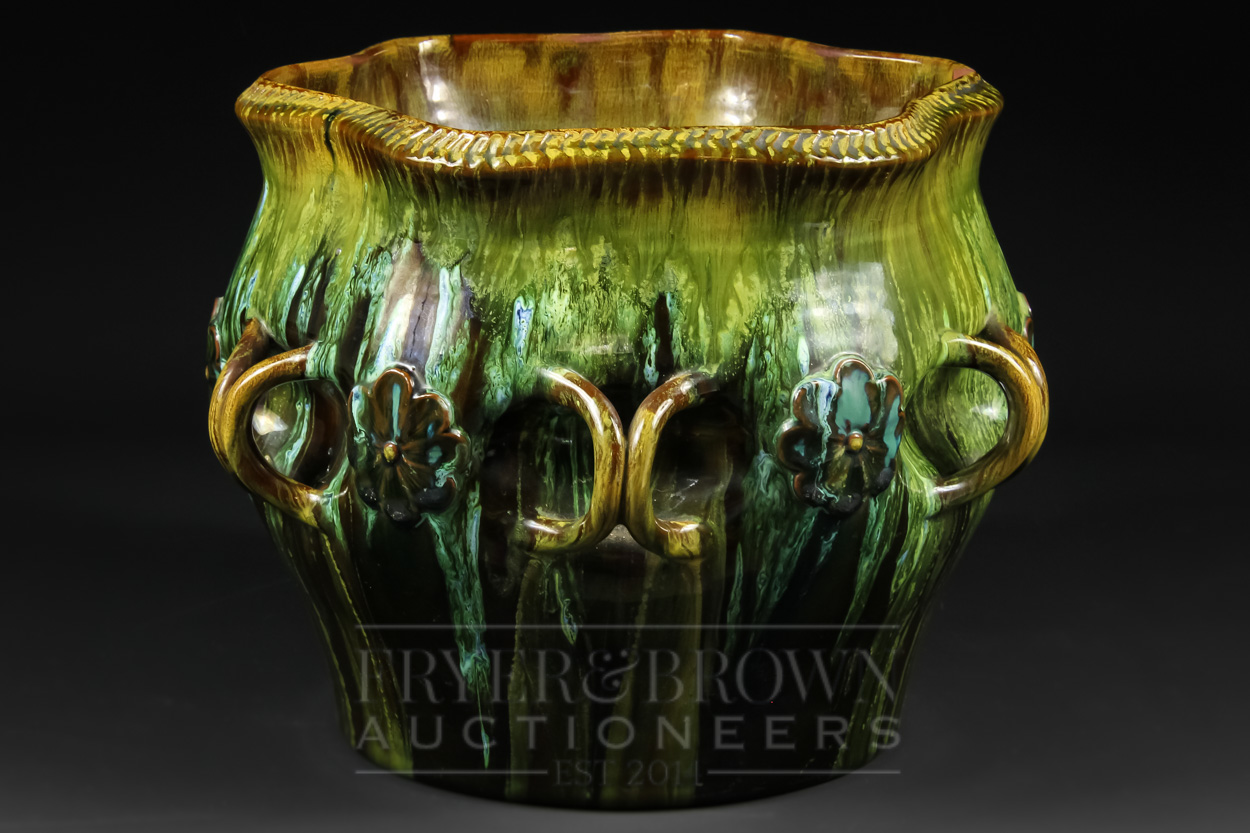 Christopher Dresser for Linthorpe (1879-89), a pottery jardiniere with foliate rim, the indented